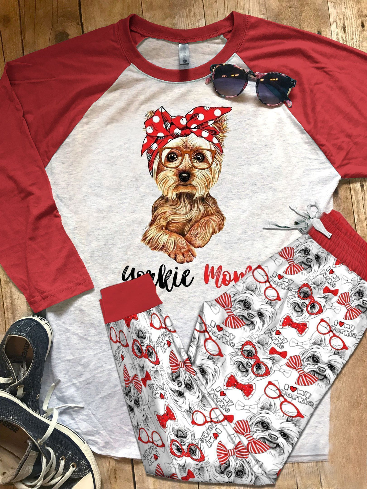 Yorkshire Mom Red Good Pajama Set |Sleepwear Pjs Sets | Raglan Shirt Pants Set