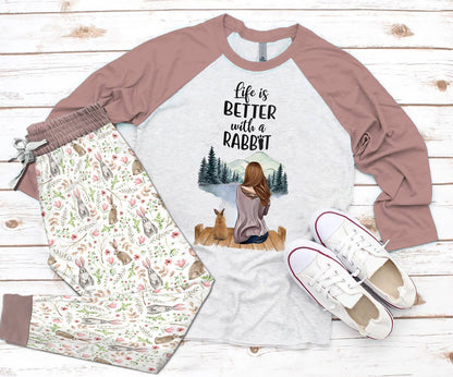 Rabbit Life Is Better With A Rabbit Pink Awesome Pajama Set |Sleepwear Pjs Sets | Raglan Shirt Pants Set