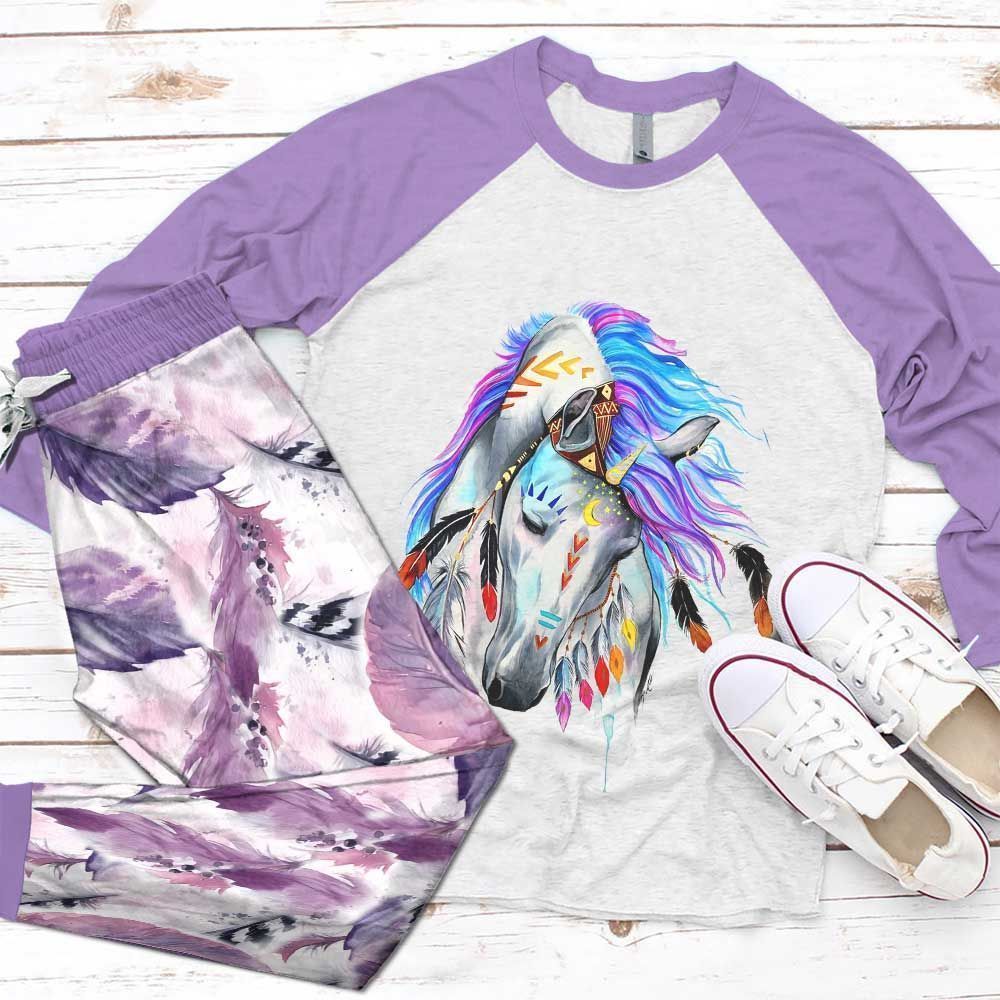 Horse Spirit Purple High Quality Pajama Set |Sleepwear Pjs Sets | Raglan Shirt Pants Set