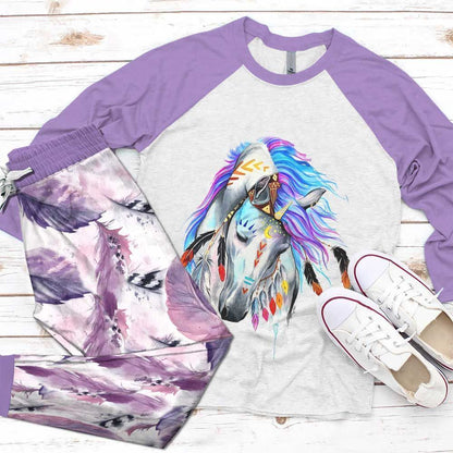 Horse Spirit Purple High Quality Pajama Set |Sleepwear Pjs Sets | Raglan Shirt Pants Set