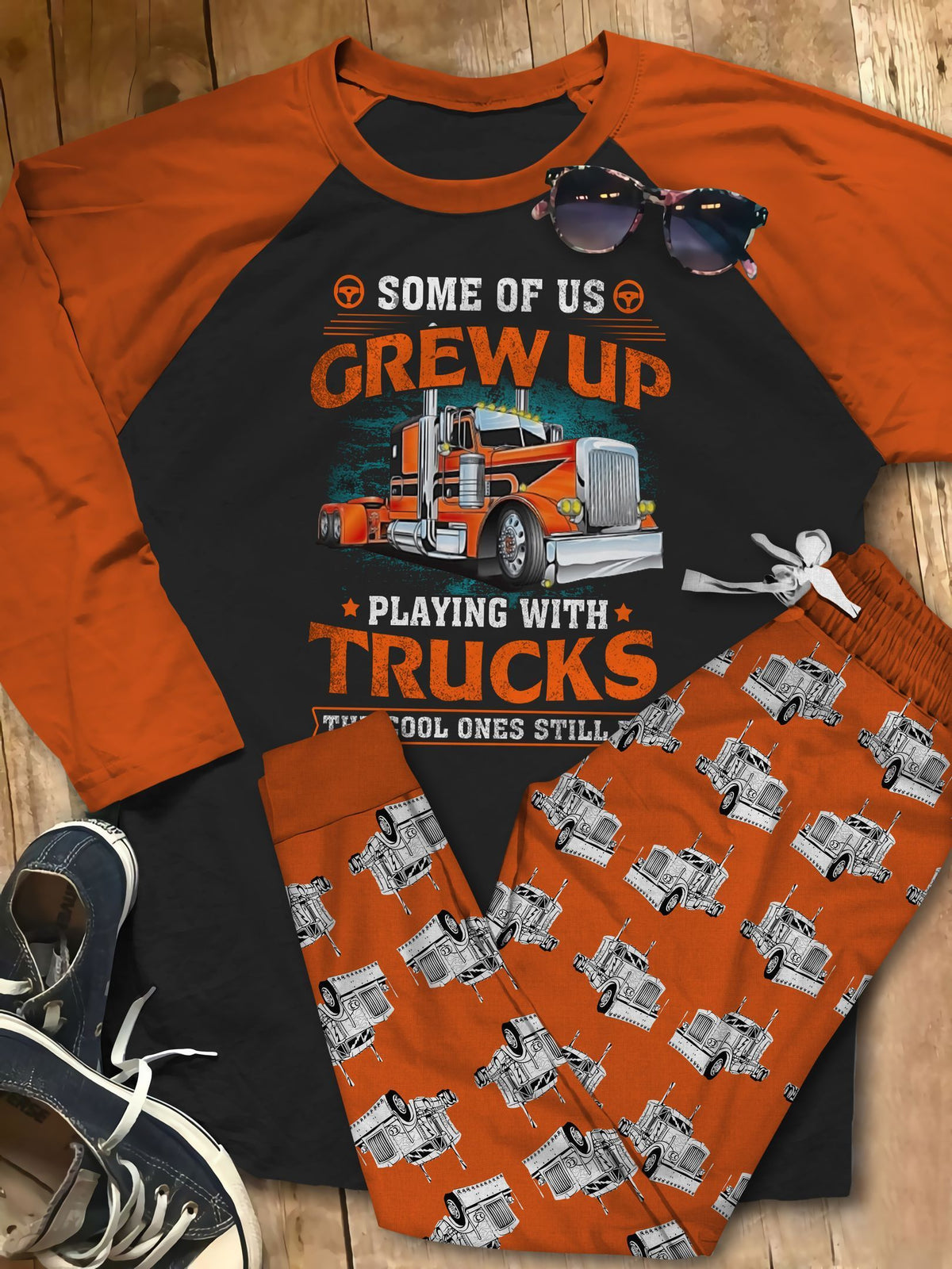Trucker Hard Working Pajama Set |Sleepwear Pjs Sets | Raglan Shirt Pants Set