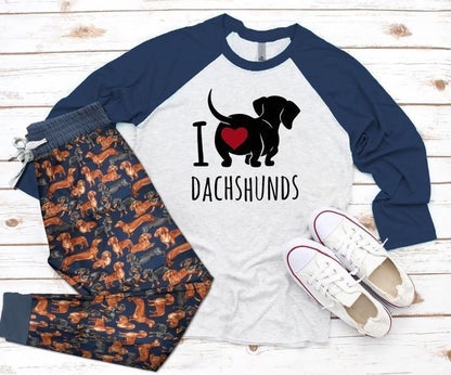 Dachshund I Love Dachshund Personalized Name Pajama Set |Sleepwear Pjs Sets | Raglan Shirt Pants Set