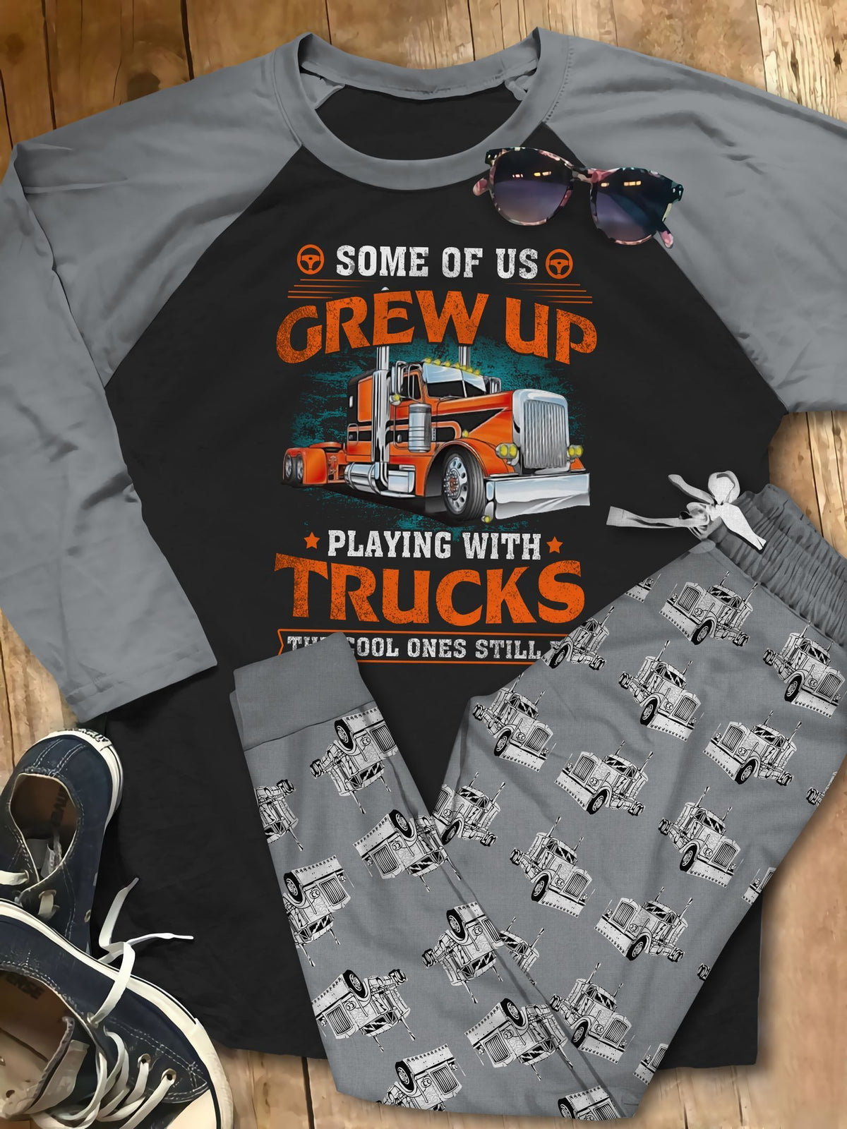 Trucker Hard Working Pajama Set |Sleepwear Pjs Sets | Raglan Shirt Pants Set