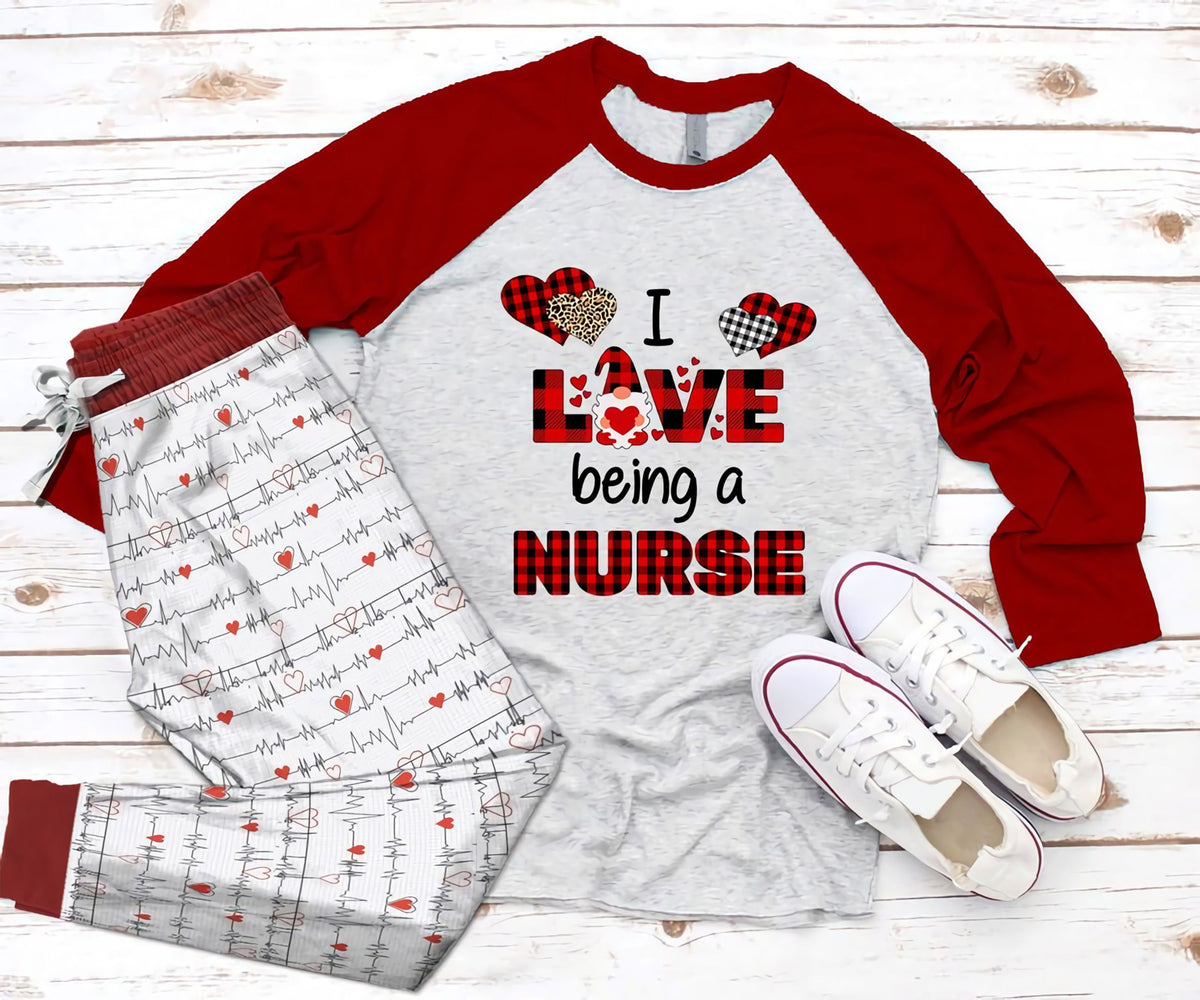 Nurse I Love Being A Nurse Red Amazing Pajama Set |Sleepwear Pjs Sets | Raglan Shirt Pants Set