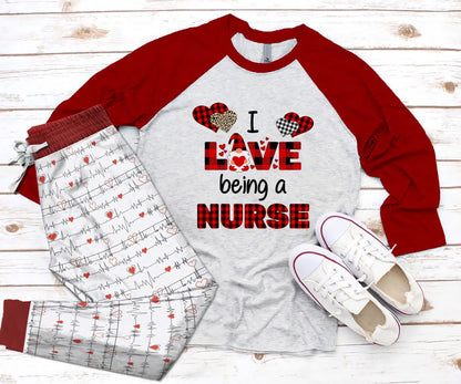 Nurse I Love Being A Nurse Red Amazing Pajama Set |Sleepwear Pjs Sets | Raglan Shirt Pants Set