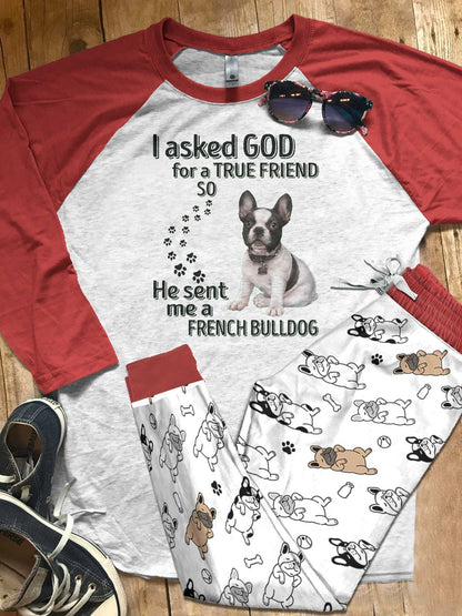 French Bulldog I Asked God Pajama Set |Sleepwear Pjs Sets | Raglan Shirt Pants Set
