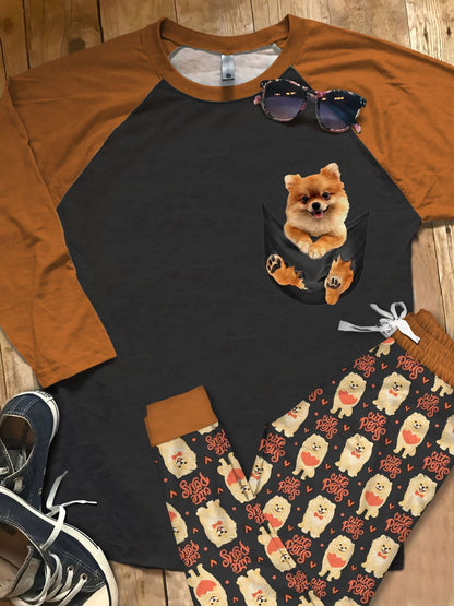 Pomeranian Pocket Brown Amazing Pajama Set |Sleepwear Pjs Sets | Raglan Shirt Pants Set