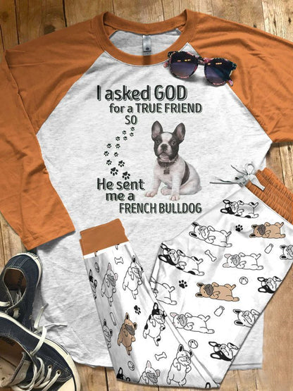 French Bulldog I Asked God Pajama Set |Sleepwear Pjs Sets | Raglan Shirt Pants Set