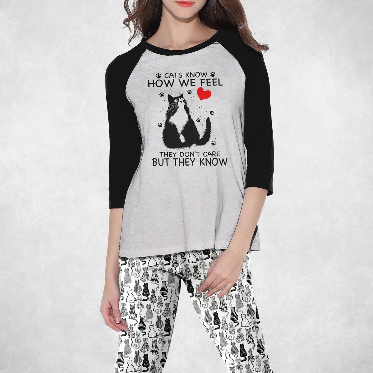 Cat Black Good Pajama Set |Sleepwear Pjs Sets | Raglan Shirt Pants Set