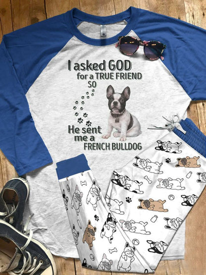 French Bulldog I Asked God Pajama Set |Sleepwear Pjs Sets | Raglan Shirt Pants Set