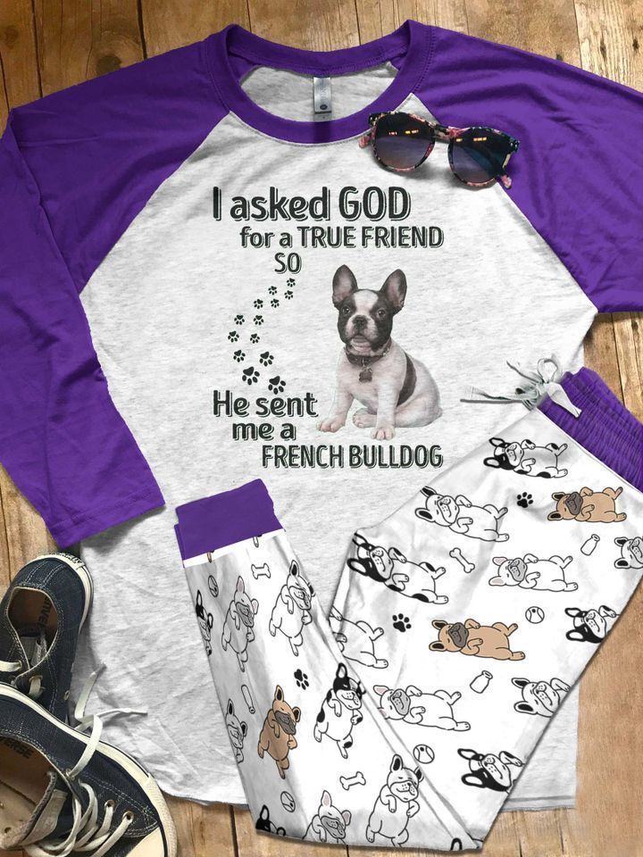 French Bulldog I Asked God Pajama Set |Sleepwear Pjs Sets | Raglan Shirt Pants Set