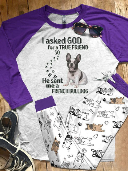 French Bulldog I Asked God Pajama Set |Sleepwear Pjs Sets | Raglan Shirt Pants Set