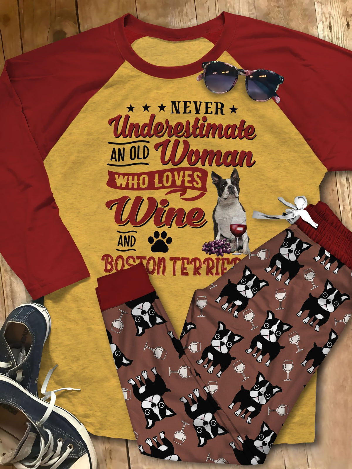 Boston Terrier Wine Red Nice Pajama Set |Sleepwear Pjs Sets | Raglan Shirt Pants Set