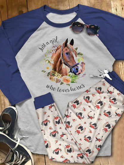Just A Girl Who Loves Horses Purple Nice Pajama Set |Sleepwear Pjs Sets | Raglan Shirt Pants Set