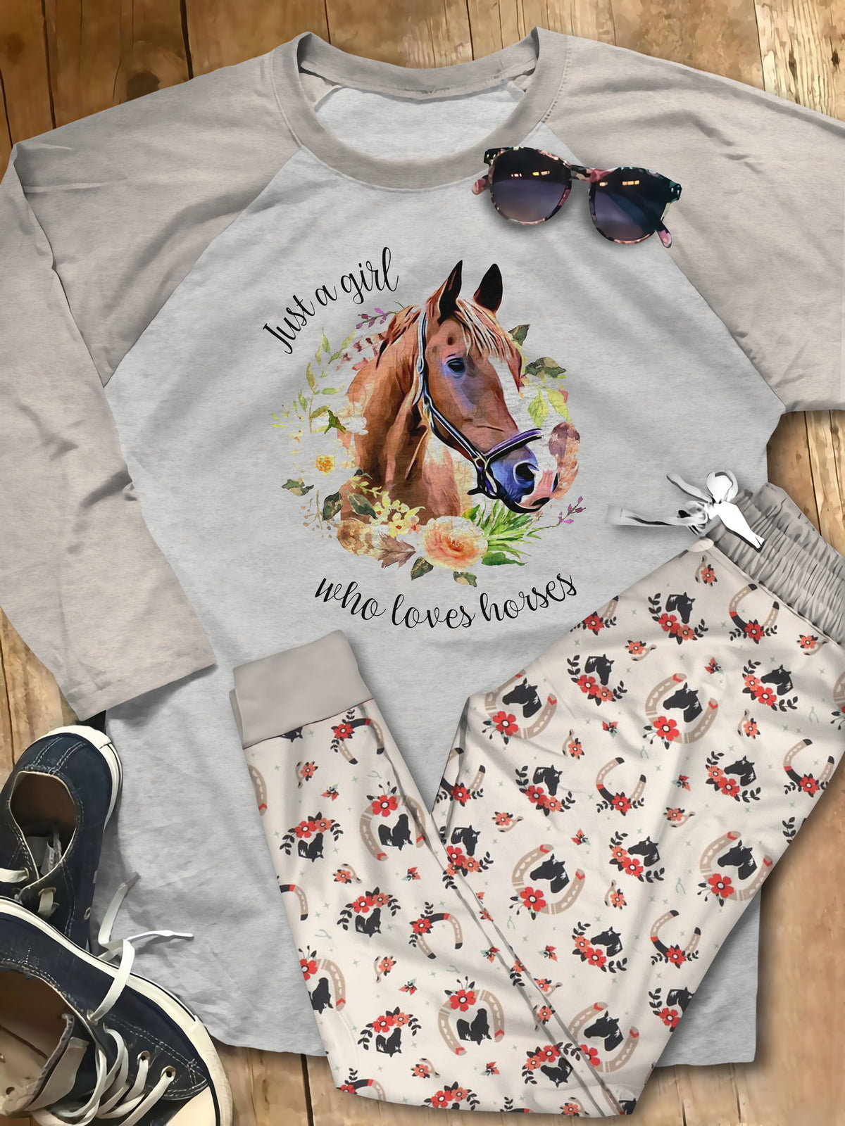 Just A Girl Who Loves Horses Purple Nice Pajama Set |Sleepwear Pjs Sets | Raglan Shirt Pants Set