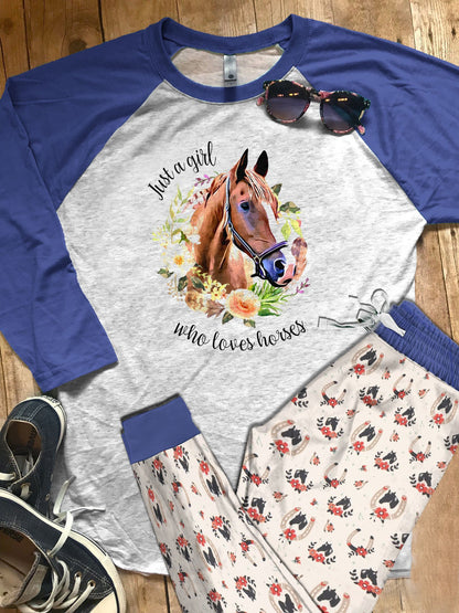 Just A Girl Who Loves Horses Purple Nice Pajama Set |Sleepwear Pjs Sets | Raglan Shirt Pants Set