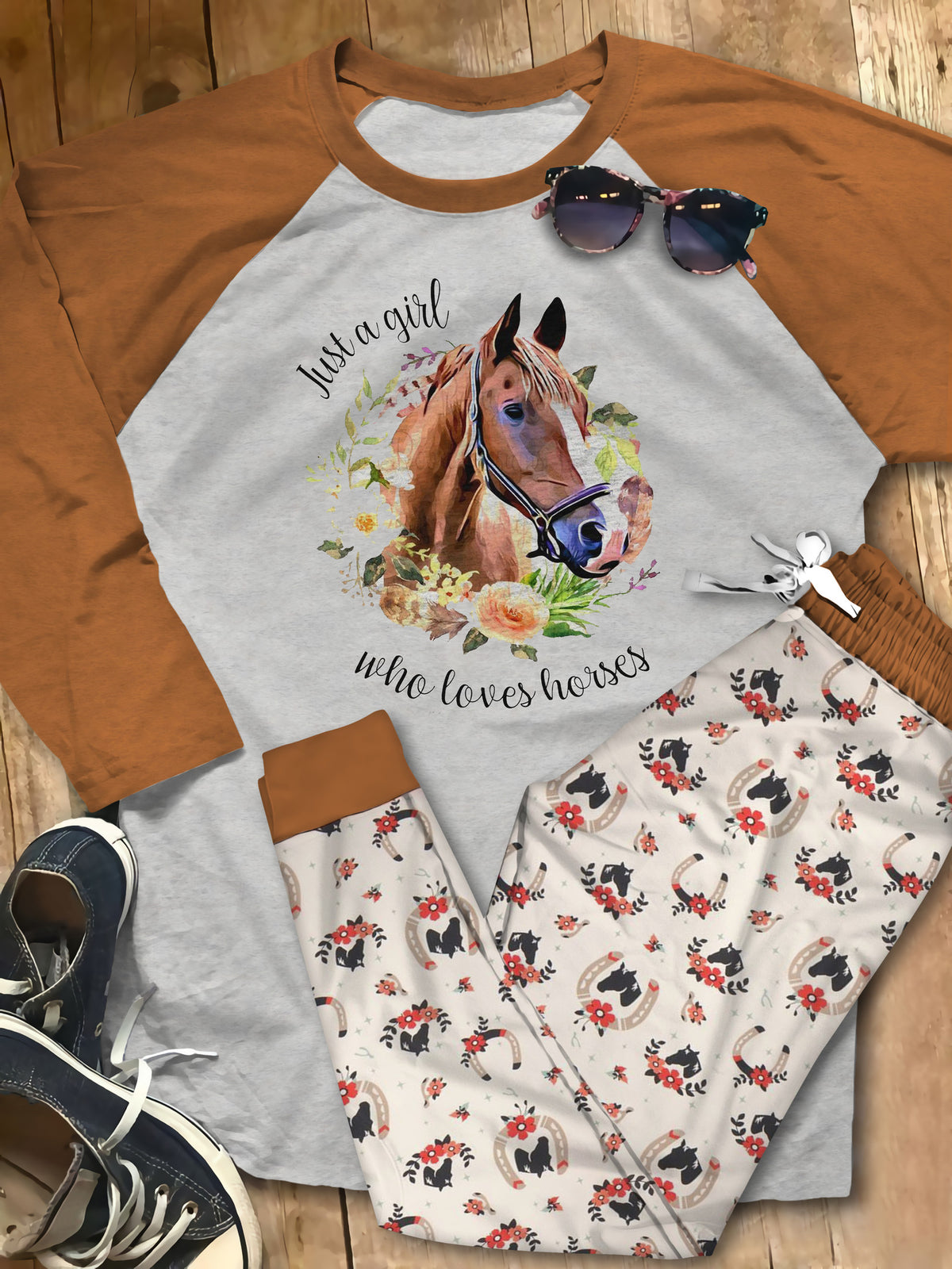 Just A Girl Who Loves Horses Purple Nice Pajama Set |Sleepwear Pjs Sets | Raglan Shirt Pants Set