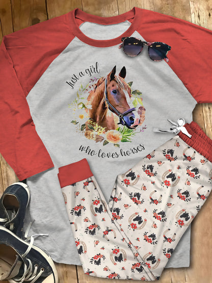 Just A Girl Who Loves Horses Purple Nice Pajama Set |Sleepwear Pjs Sets | Raglan Shirt Pants Set