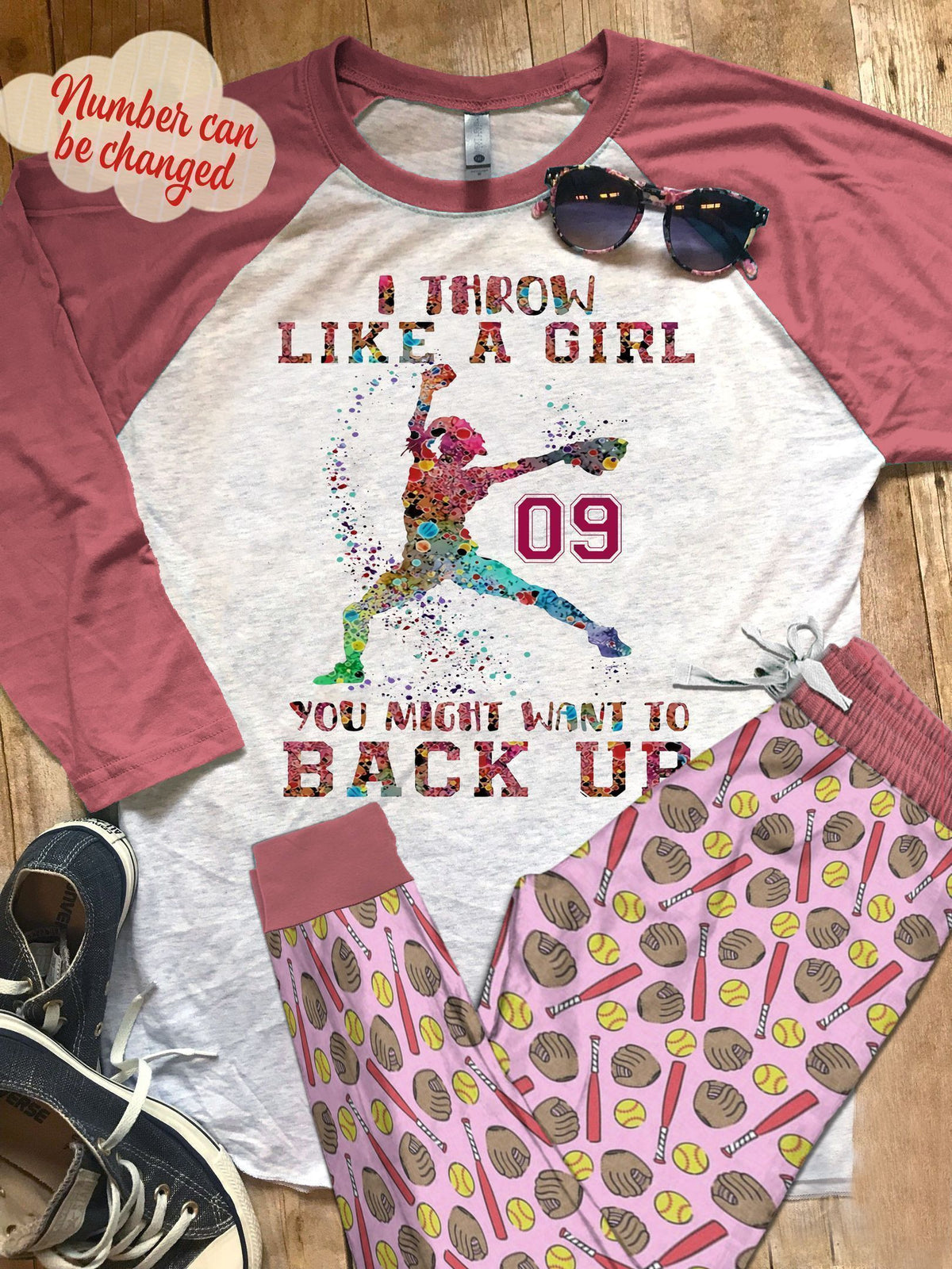 Softballrow Like A Personalized Pink High Quality Pajama Set |Sleepwear Pjs Sets | Raglan Shirt Pants Set