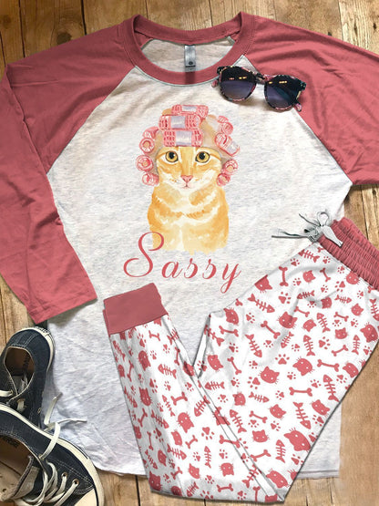 Cat Pink Awesome Pajama Set |Sleepwear Pjs Sets | Raglan Shirt Pants Set