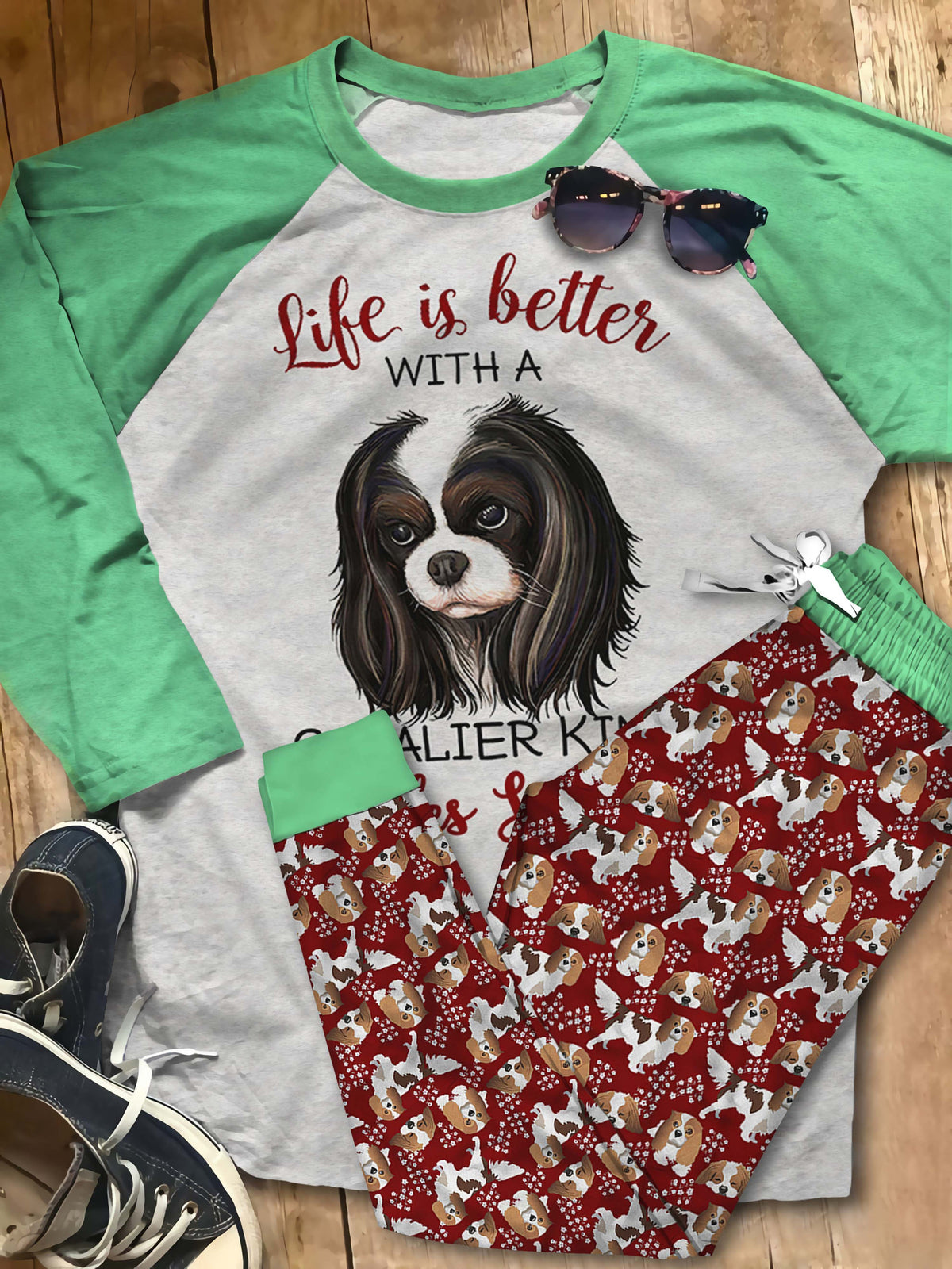 Cavalier King Charles Spaniel Angel And Cavaliers Pajama Set |Sleepwear Pjs Sets | Raglan Shirt Pants Set