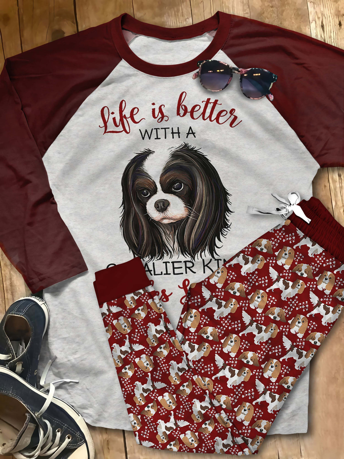 Cavalier King Charles Spaniel Angel And Cavaliers Pajama Set |Sleepwear Pjs Sets | Raglan Shirt Pants Set