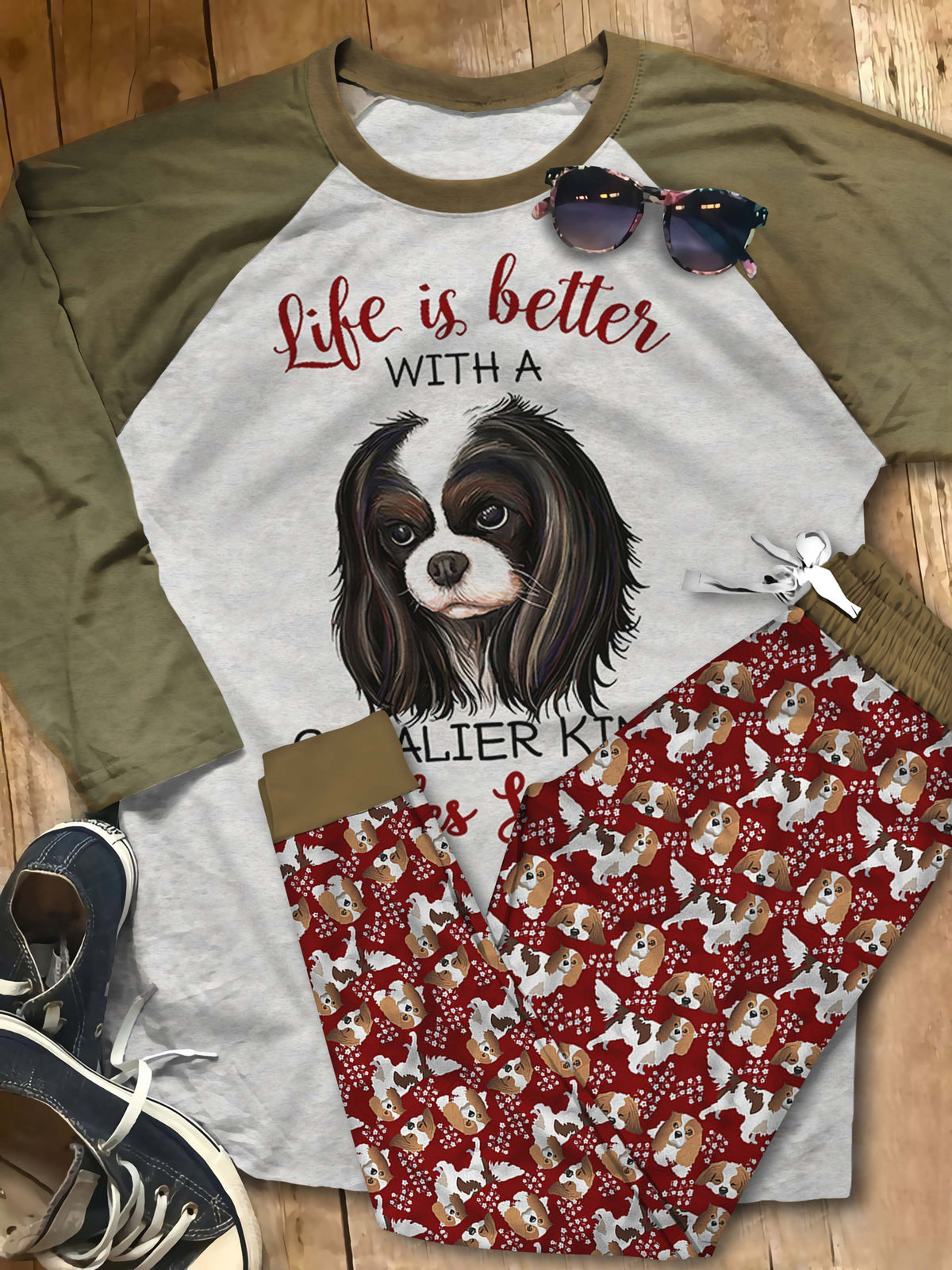 Cavalier King Charles Spaniel Angel And Cavaliers Pajama Set |Sleepwear Pjs Sets | Raglan Shirt Pants Set