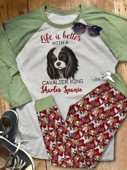 Cavalier King Charles Spaniel Angel And Cavaliers Pajama Set |Sleepwear Pjs Sets | Raglan Shirt Pants Set