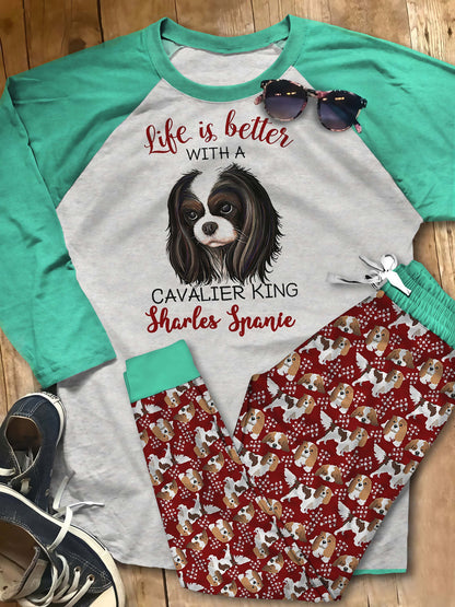 Cavalier King Charles Spaniel Angel And Cavaliers Pajama Set |Sleepwear Pjs Sets | Raglan Shirt Pants Set