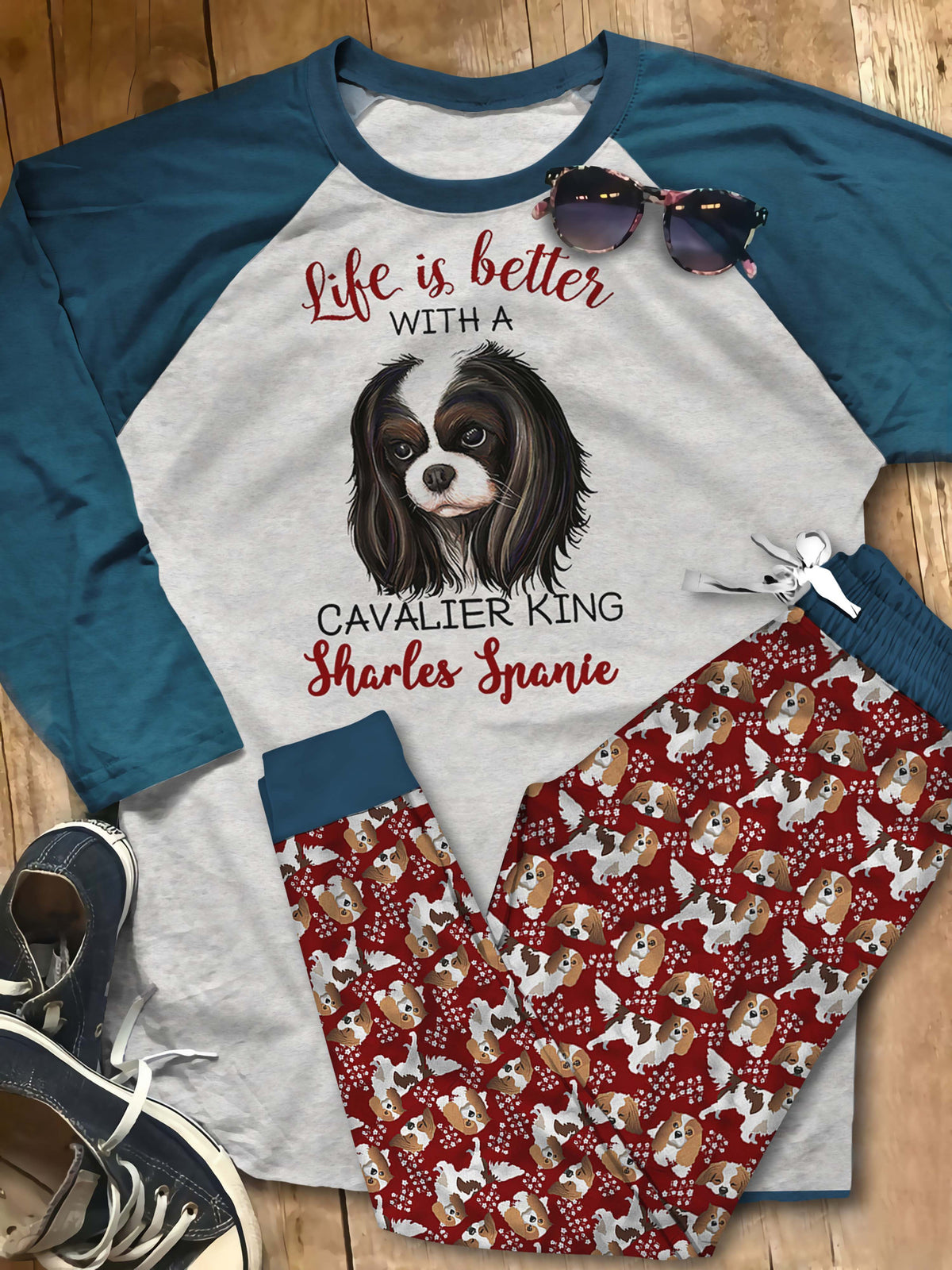 Cavalier King Charles Spaniel Angel And Cavaliers Pajama Set |Sleepwear Pjs Sets | Raglan Shirt Pants Set
