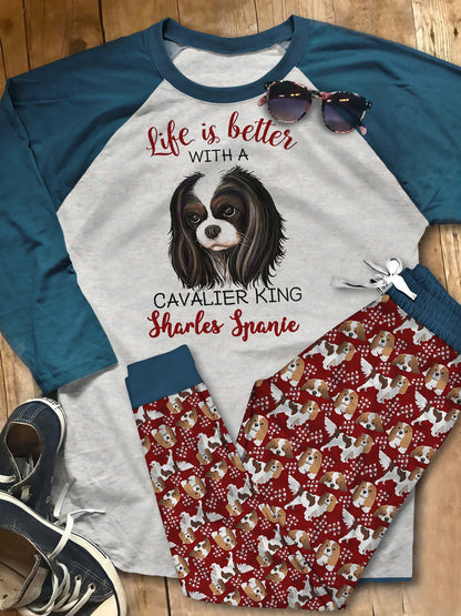 Cavalier King Charles Spaniel Angel And Cavaliers Pajama Set |Sleepwear Pjs Sets | Raglan Shirt Pants Set