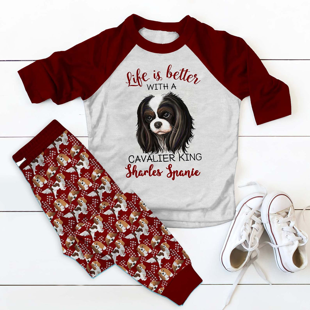 Cavalier King Charles Spaniel Angel And Cavaliers Pajama Set |Sleepwear Pjs Sets | Raglan Shirt Pants Set
