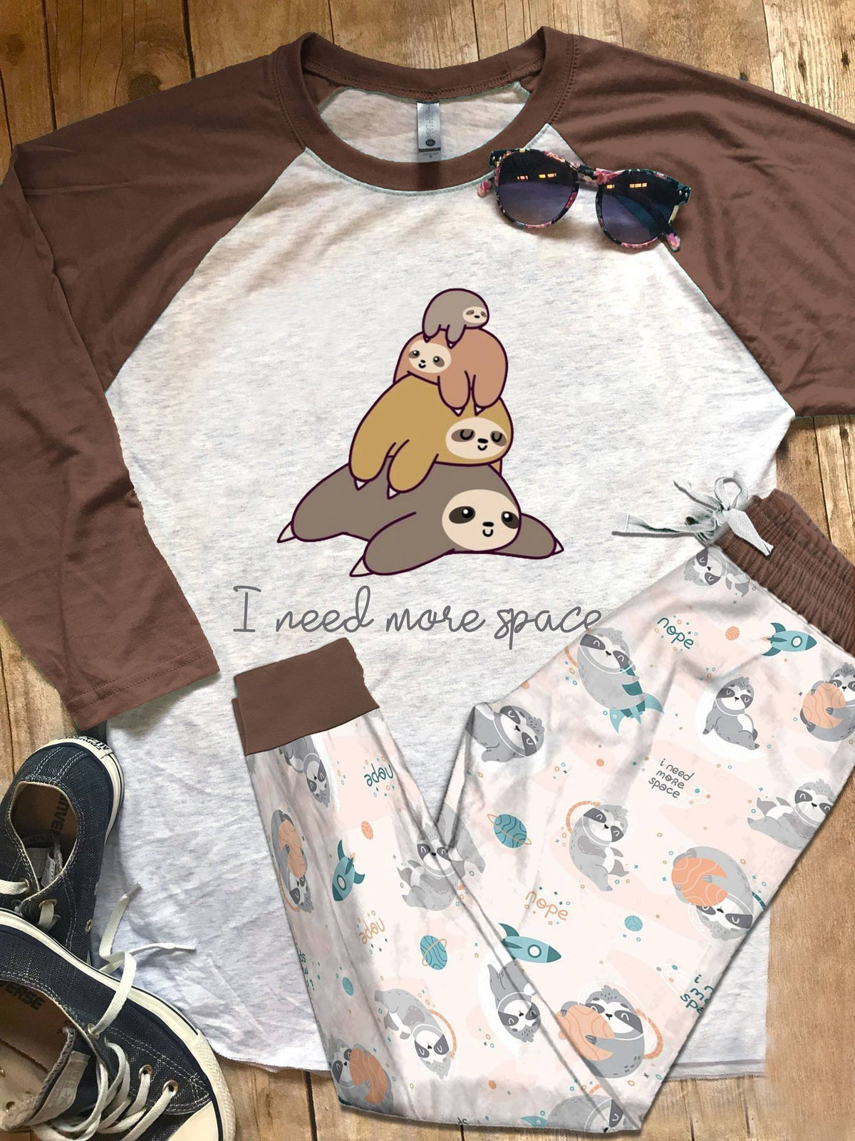 Sloth I Need More Space Pajama Set |Sleepwear Pjs Sets | Raglan Shirt Pants Set