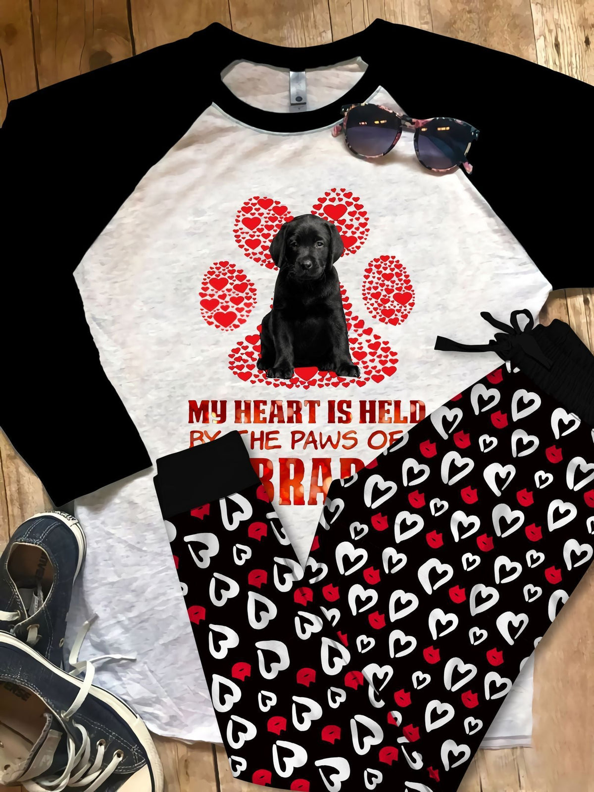 Labrador Retriever My Heart Is Held Pajama Set |Sleepwear Pjs Sets | Raglan Shirt Pants Set