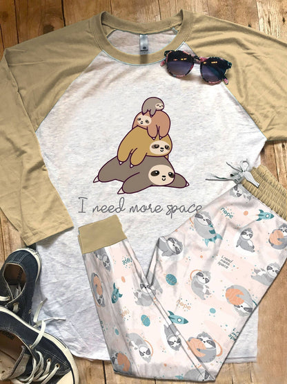 Sloth I Need More Space Pajama Set |Sleepwear Pjs Sets | Raglan Shirt Pants Set