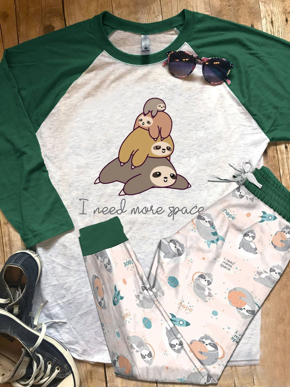 Sloth I Need More Space Pajama Set |Sleepwear Pjs Sets | Raglan Shirt Pants Set