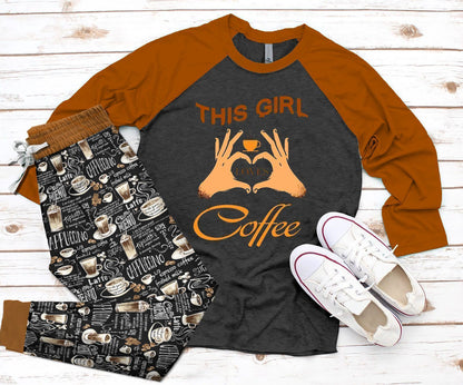 Coffeeis Girl Loves Coffee Brown Unique Pajama Set |Sleepwear Pjs Sets | Raglan Shirt Pants Set