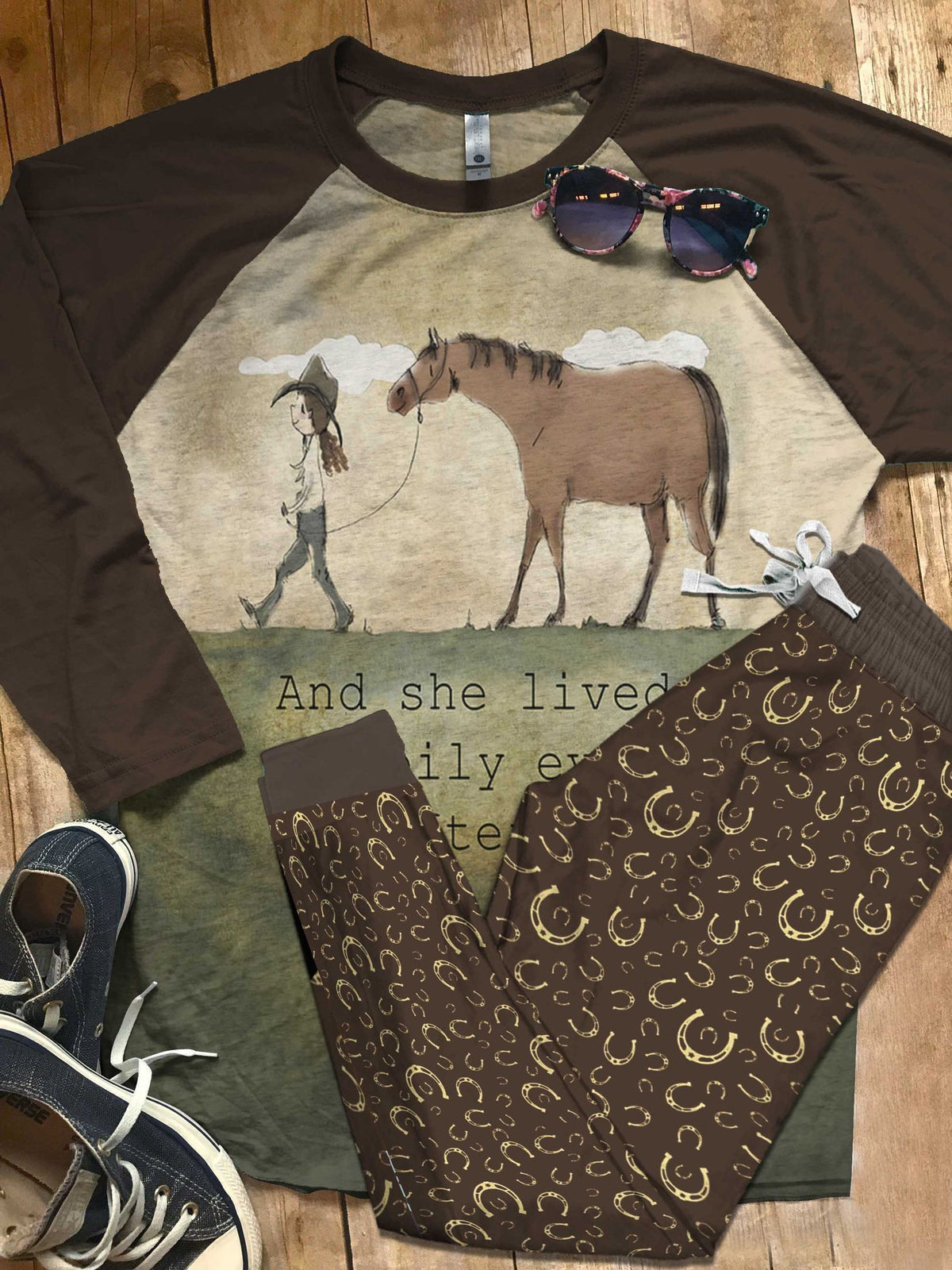 Horse Brown Nice Pajama Set |Sleepwear Pjs Sets | Raglan Shirt Pants Set
