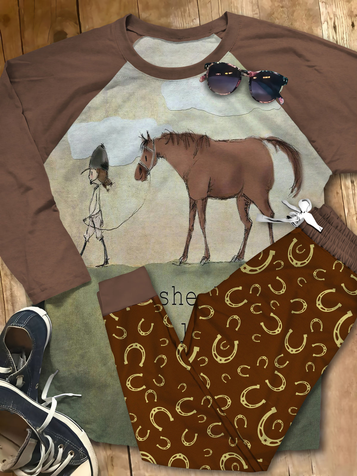 Horse Brown Nice Pajama Set |Sleepwear Pjs Sets | Raglan Shirt Pants Set