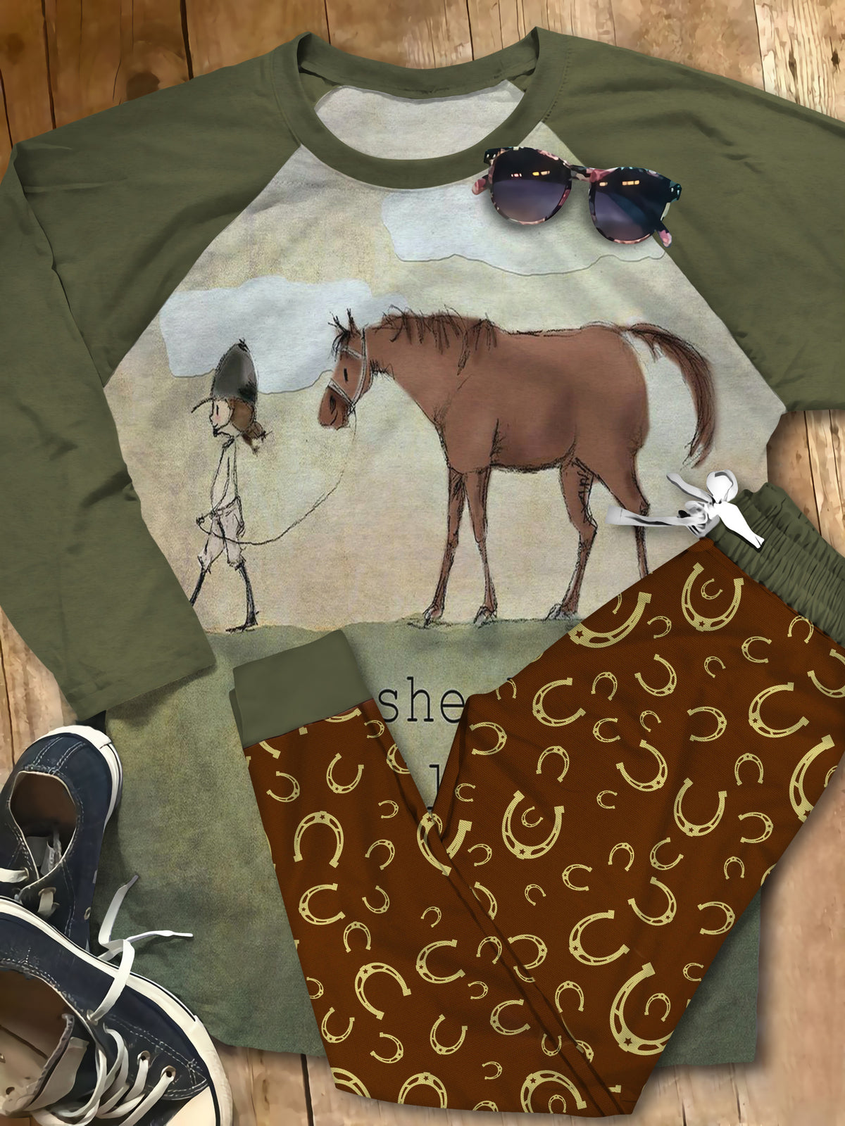 Horse Brown Nice Pajama Set |Sleepwear Pjs Sets | Raglan Shirt Pants Set