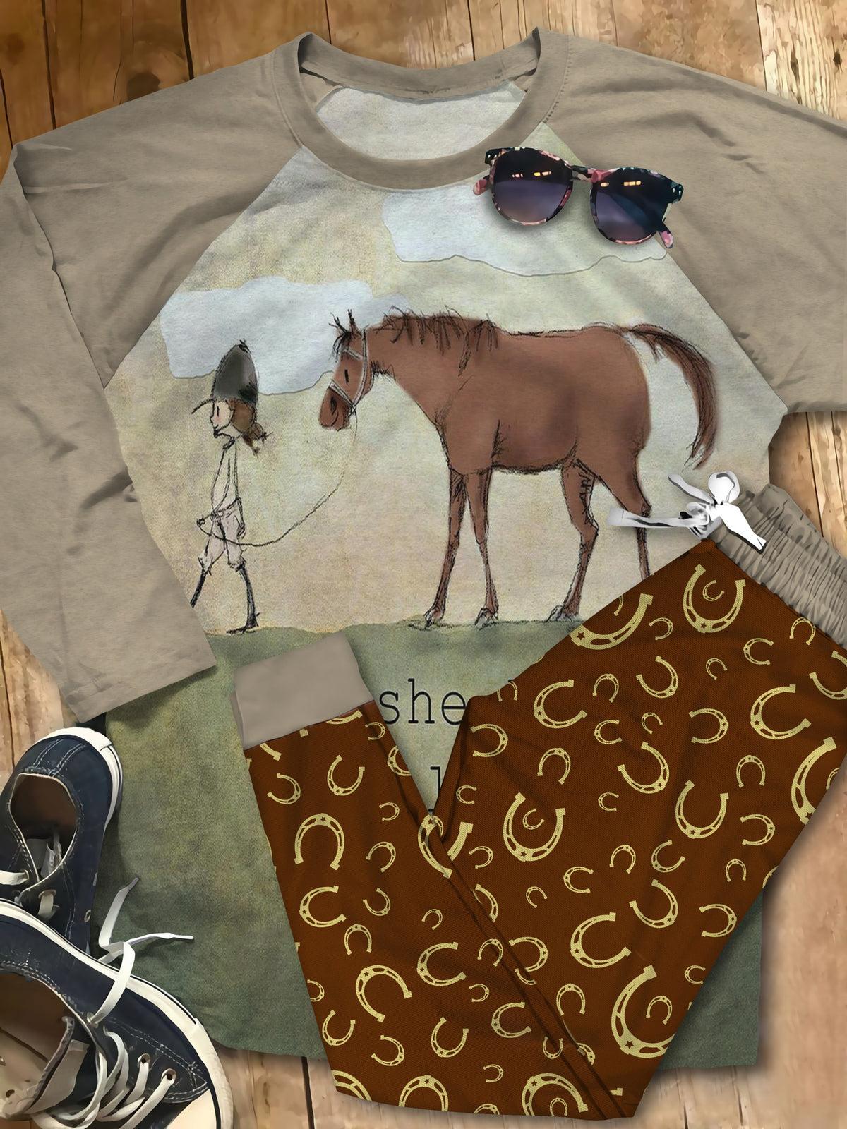 Horse Brown Nice Pajama Set |Sleepwear Pjs Sets | Raglan Shirt Pants Set