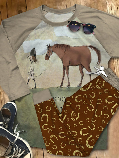 Horse Brown Nice Pajama Set |Sleepwear Pjs Sets | Raglan Shirt Pants Set