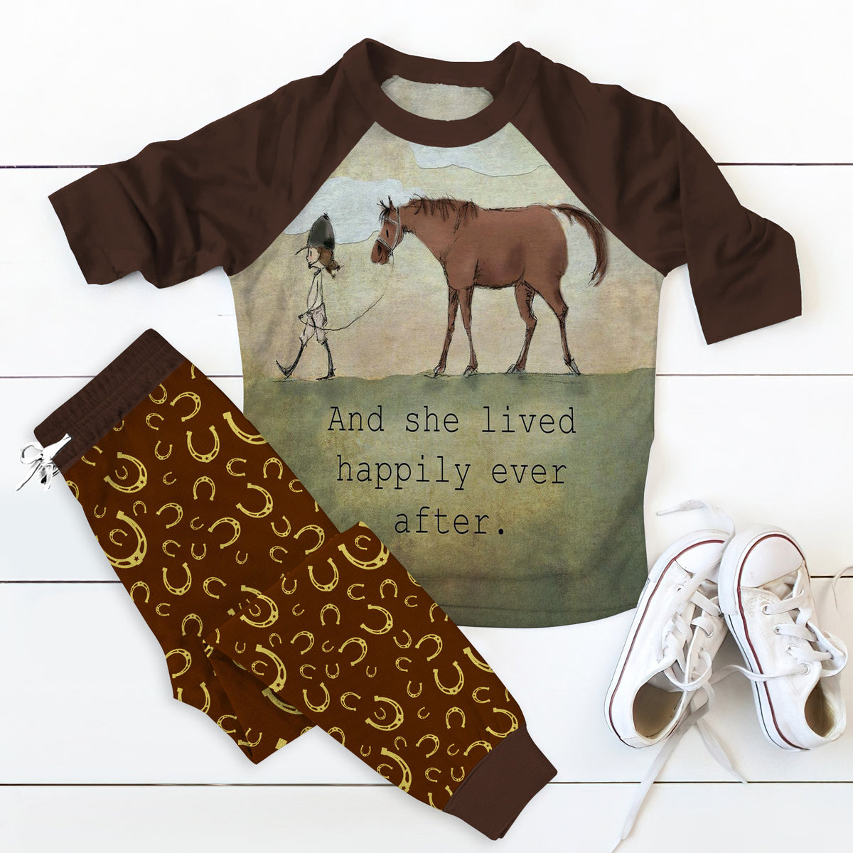 Horse Brown Nice Pajama Set |Sleepwear Pjs Sets | Raglan Shirt Pants Set