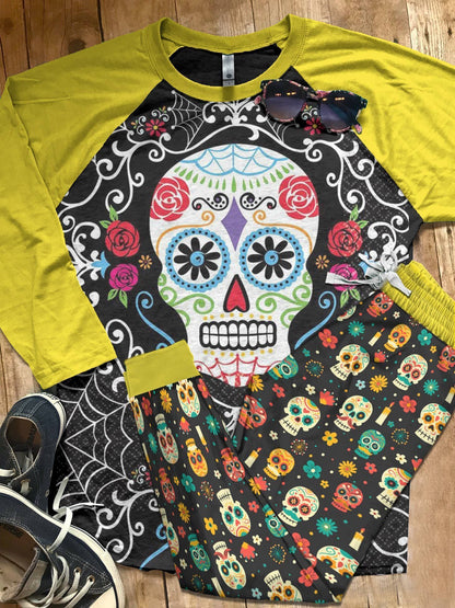 Skull Yellow Good Quality Pajama Set |Sleepwear Pjs Sets | Raglan Shirt Pants Set