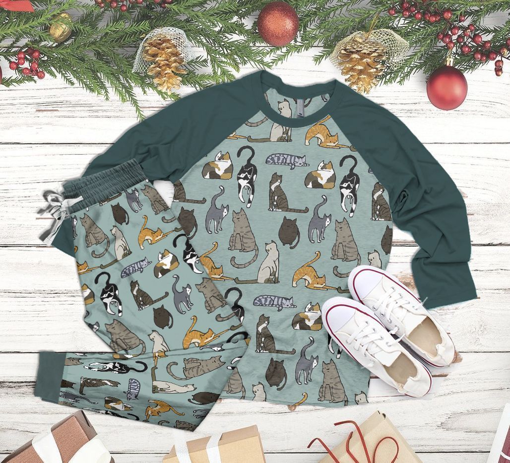 Cat V Teal High Quality Pajama Set |Sleepwear Pjs Sets | Raglan Shirt Pants Set