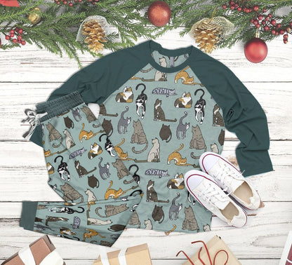 Cat V Teal High Quality Pajama Set |Sleepwear Pjs Sets | Raglan Shirt Pants Set