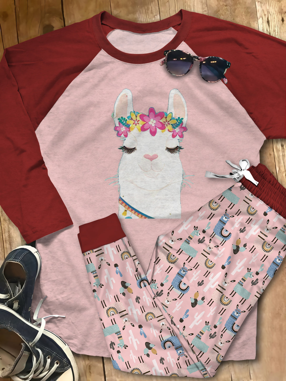 Llama Red Best Pajama Set |Sleepwear Pjs Sets | Raglan Shirt Pants Set