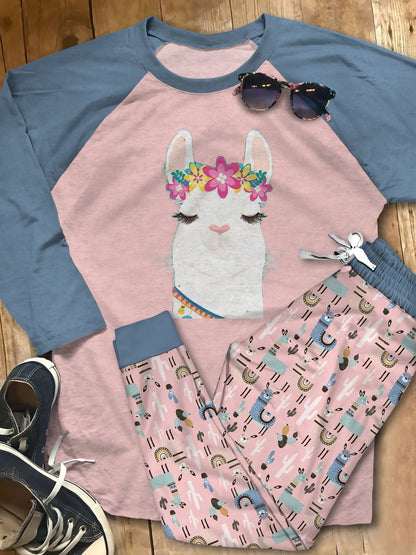 Llama Red Best Pajama Set |Sleepwear Pjs Sets | Raglan Shirt Pants Set