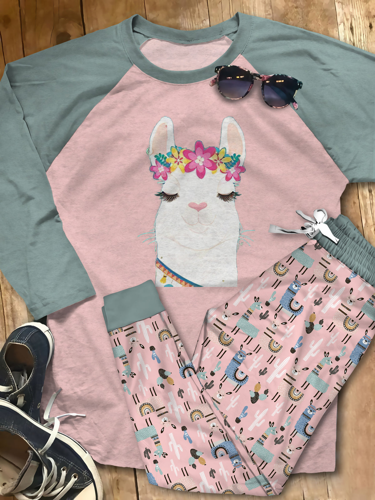 Llama Red Best Pajama Set |Sleepwear Pjs Sets | Raglan Shirt Pants Set