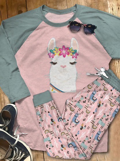 Llama Red Best Pajama Set |Sleepwear Pjs Sets | Raglan Shirt Pants Set